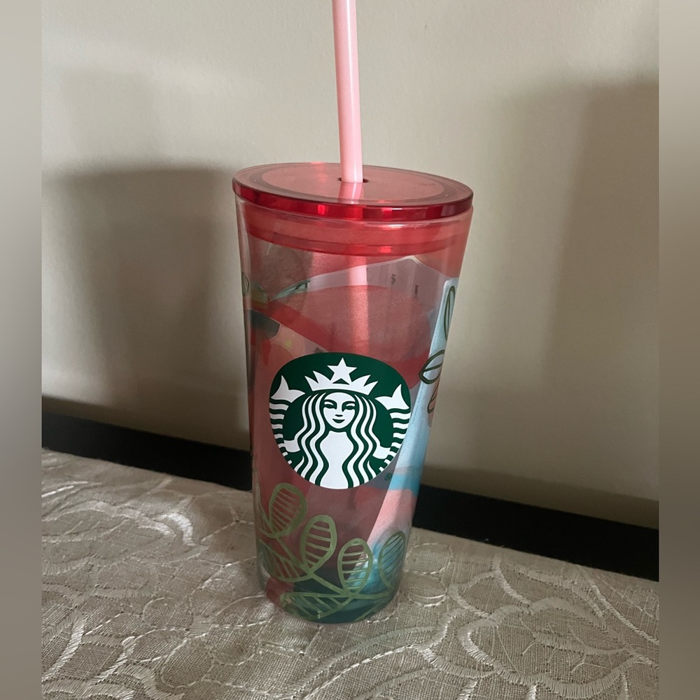 🆕 Starbucks 18oz Cold Drink Floral Tumbler with Straw Rare Collectible Cup